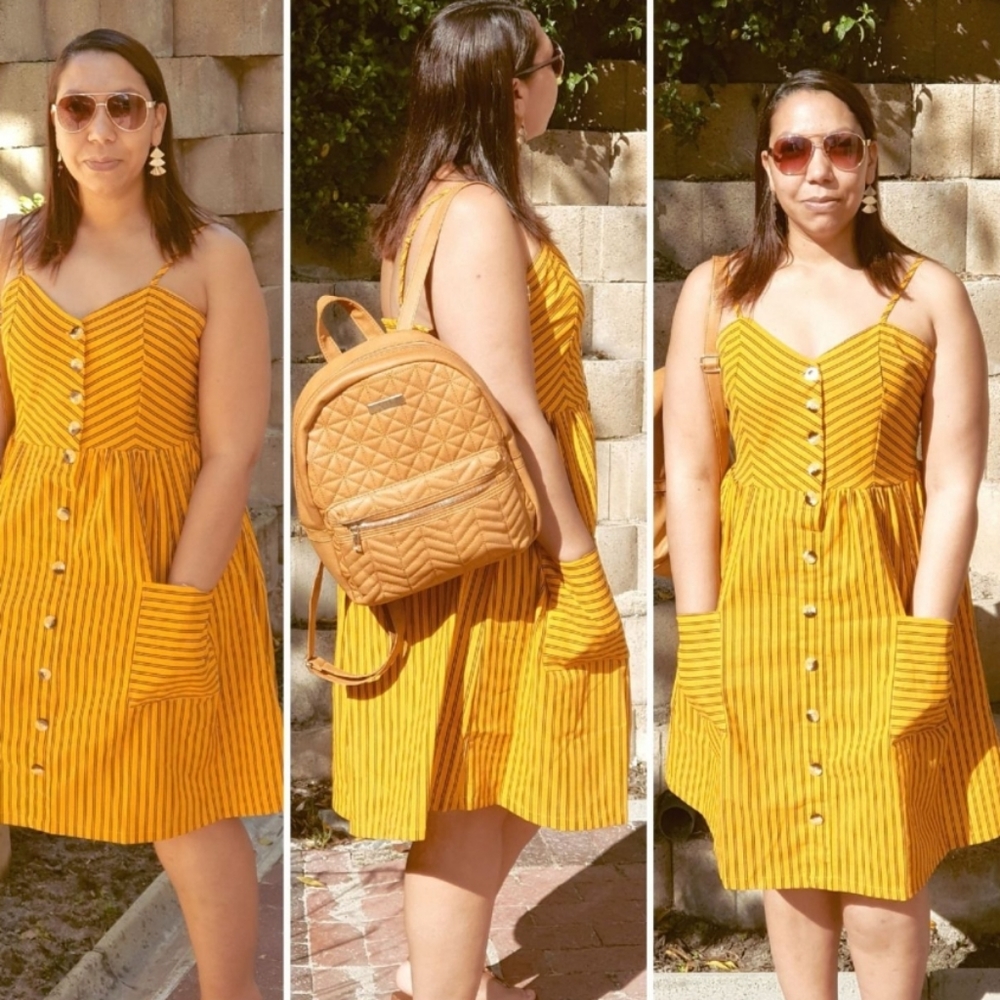 Japna Gold and Black Striped Button Front Dress Size Medium